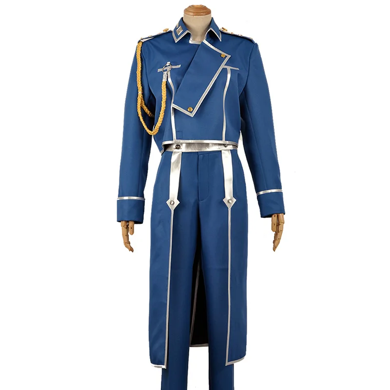 Roy Mustang Cosplay Anime Fullmetal Alchemist Kostium Mundurek Peruka Niebieski Wojenny Płaszcz Wojskowy dla Mężczyzn Strój na Halloween Karnawał