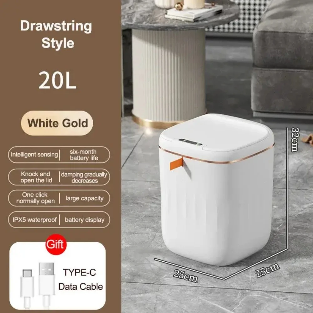 Smart Bathroom Trash Can Automatic Bagging Electronic Trash Can White Touchless Narrow Smart Sensor Garbage Bin Smart Home 15L