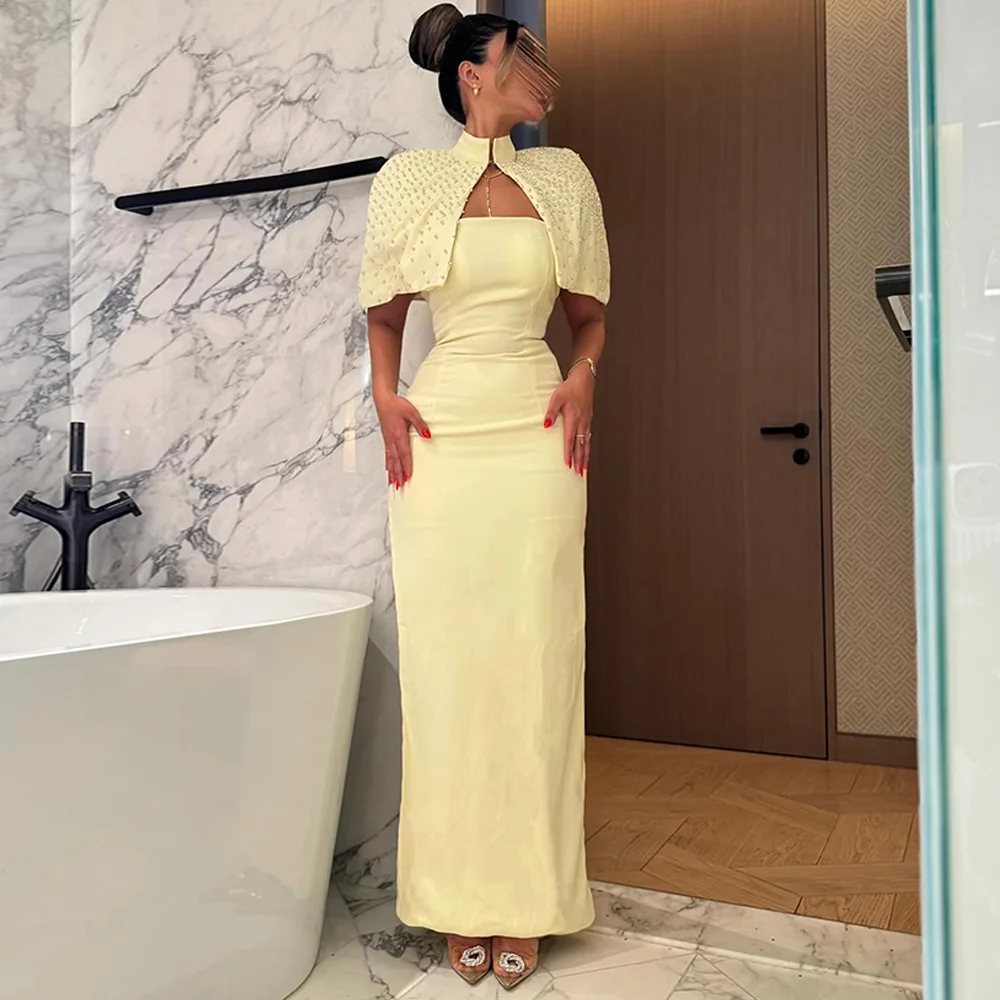 Yellow Soft Jersey Prom Gowns 2025  Luxury Crystal Strapless Homecoming Dresses Customized Back Slit Evening Dress with Shawl