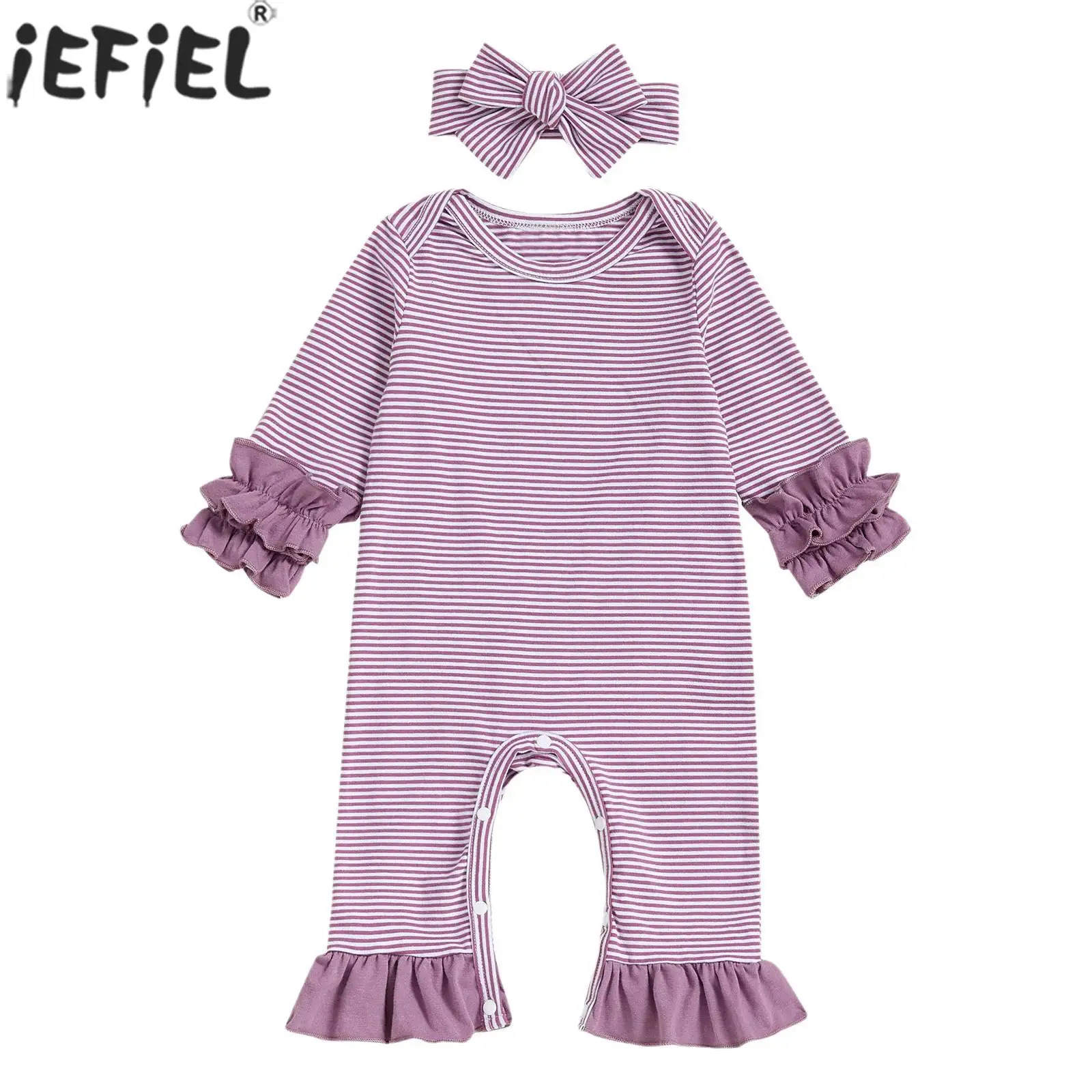 

Весенне-осенний наряд для маленьких девочек, комбинезон с длинными рукавами и рюшами на пуговицах, с повязкой на голову для повседневной носки, фотосессии на день рождения