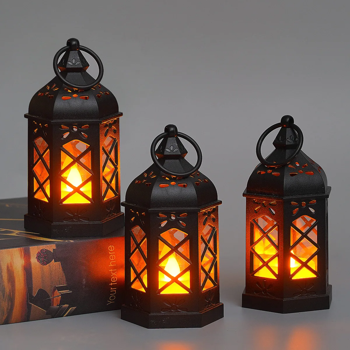 European Ramadan Lamp Mini Plastic Hexagonal Wind Lamp Led Electronic Candlelight Holiday Decoration Christmas Halloween Retro