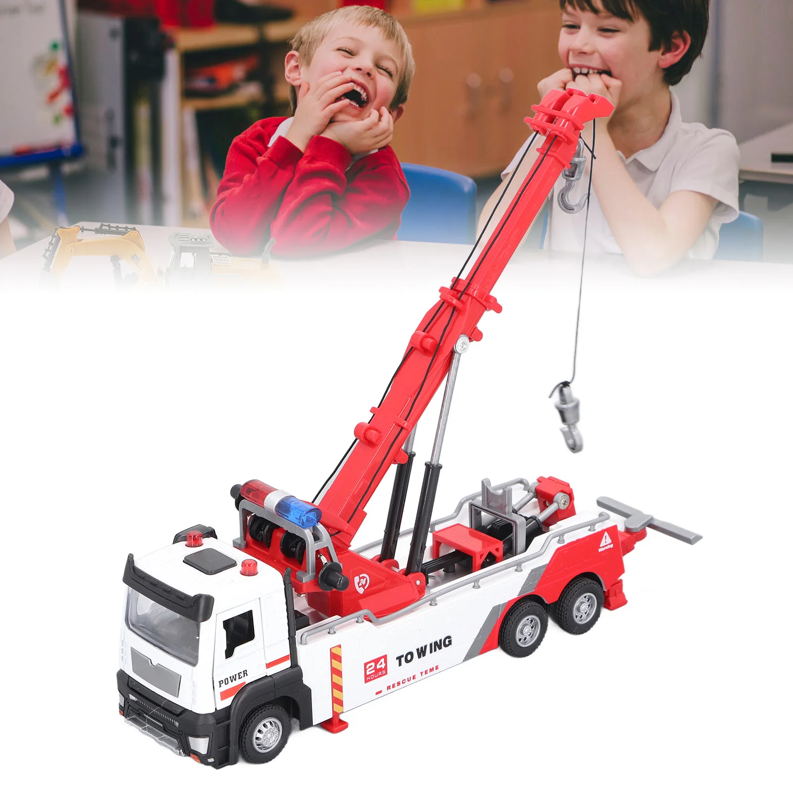 

ZK20 1:32 Crane Truck Toy for Kids Sound Light 360 Degree Rotating Arm 2 Hook Engineering Heavy Crane Truck Model