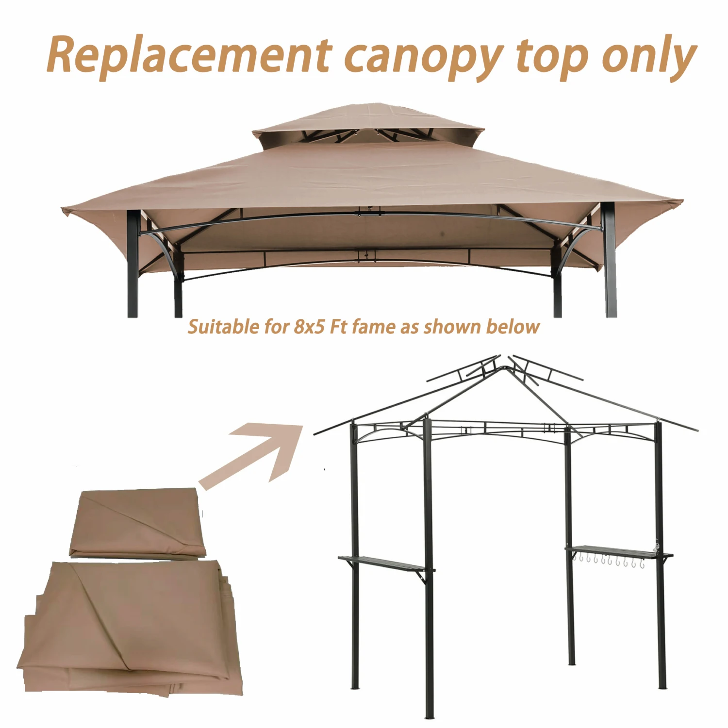 

8x5Ft Grill Gazebo Replacement Canopy, Double Tiered BBQ Tent Roof Top Cover, Beige