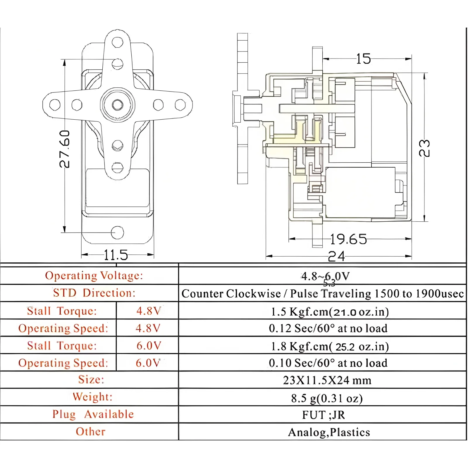 Micro Servo analogique ES08A 9g, engrenage en plastique amélioré 4.8V-6.0V pour bricolage RC Drones avion modèle d'avion jouets accessoires de servos