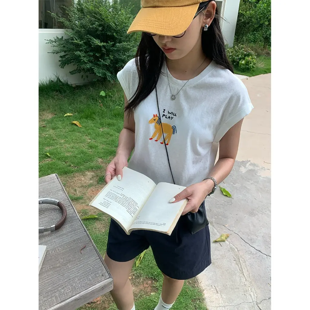 

Женская футболка с короткими рукавами в корейском стиле, летний забавный топ с принтом мультяшного пони, повседневная уличная одежда, происхождение Гуанчжоу