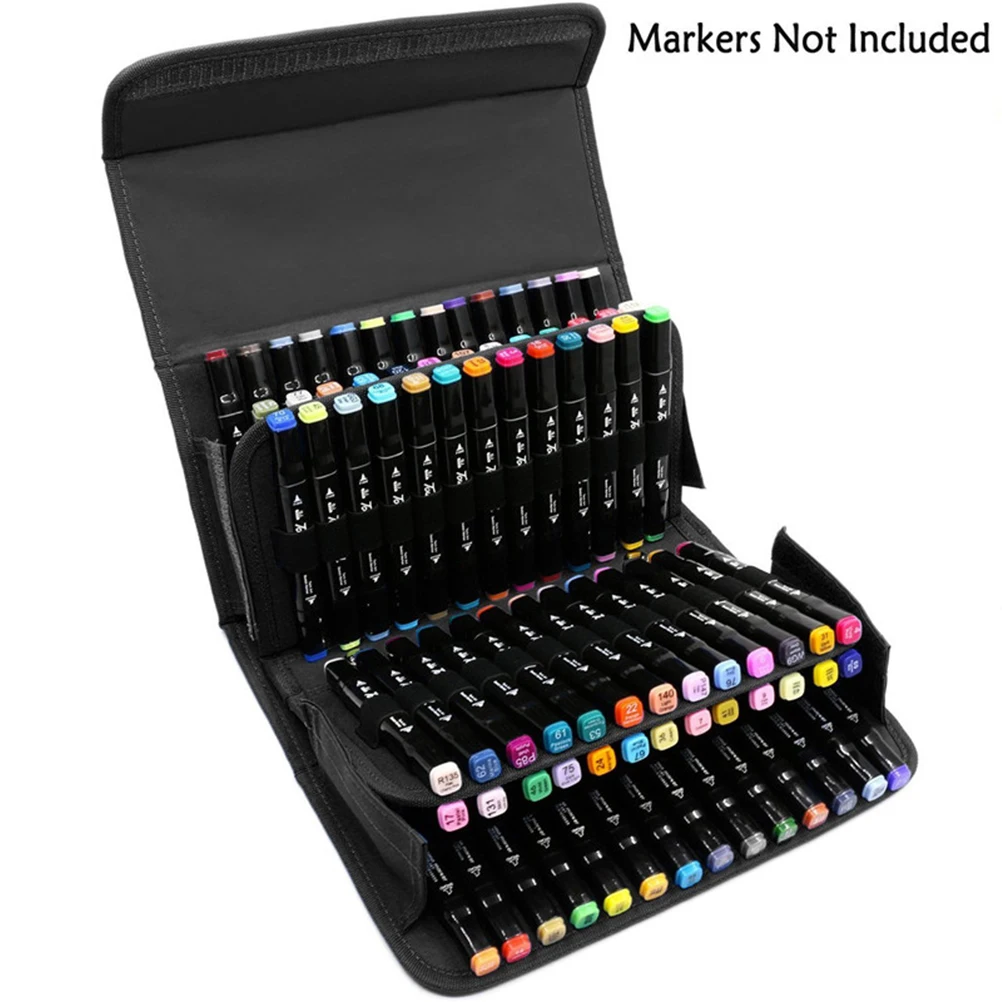 

80 Slots Marker Storage Bag Solid Color Portable Case Black Hand Carry Strap Marker Organizer for Art Office Makeup Supplies