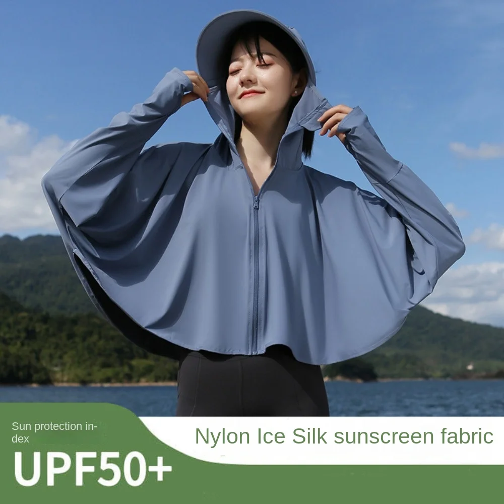 Solid Color Sunscreen Hoodie Large Brim Hat Long Sleeve Sun Protection Clothing Scarf Crop Top Ice Silk Short Jacket Ladies