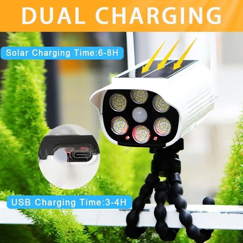 Imitation security camera-shaped solar light，66A white oneLED + 2A red flashing indicator light，1500mAhBattery，USBCharging，RedLE