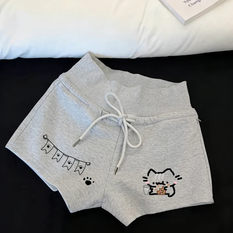Cat Print Gray Women Shorts  Y2k House Shorts Student Summer Japanese Asian Culture Loose Casual Wide Leg Pants Women 's Clothe