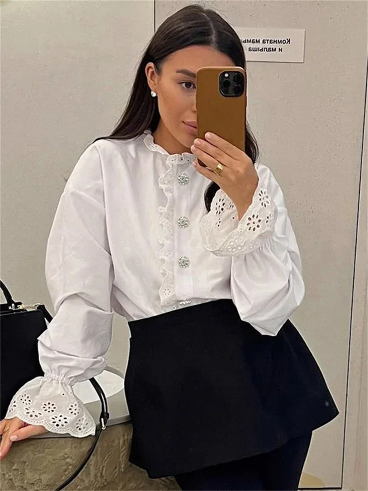 

Female Glitter Ruffled Shirts Top Inner Patchwork Long Sleeve Casual Commute Clothes Hollow Out Elegant Women's Blouses