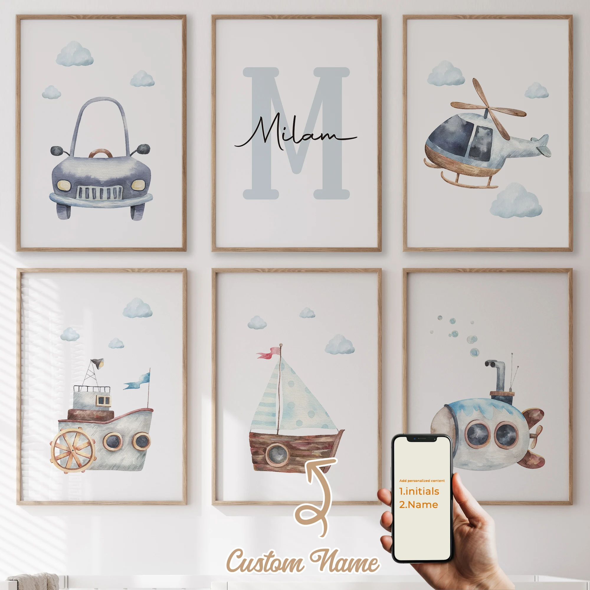 6 Stück personalisierte, individuelle Cartoon-Kinderhubschrauber-Wandkunstdrucke, Leinwandposter, Gemälde für Wohnzimmer, Heimdekoration