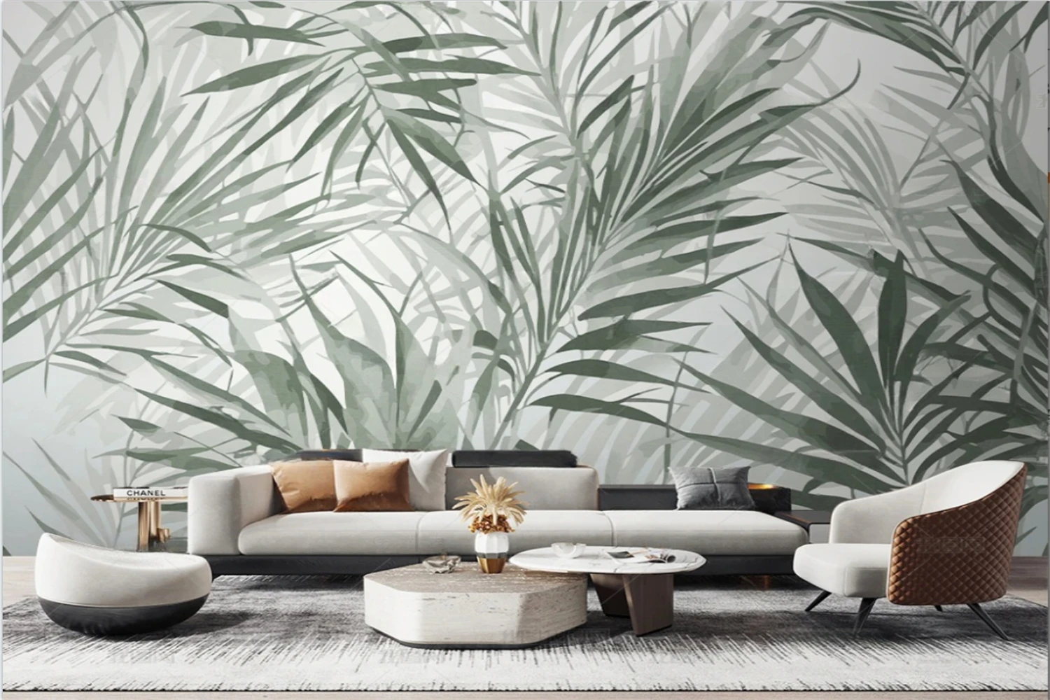 Customized Size Southeast Asian Plants Grey Jungle Leaves Mural Decorative Painting Sofa Bedhead Background Leaf Wallpaper