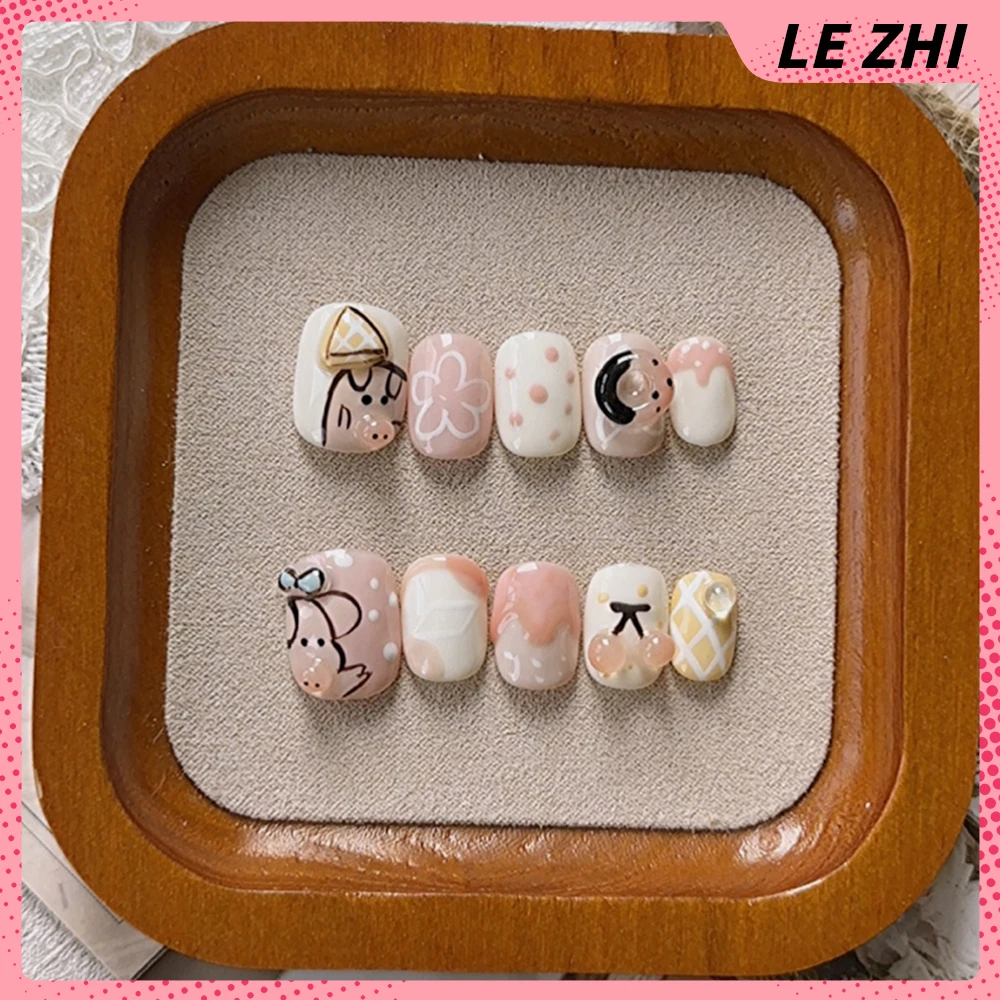 10 قطعة Kawaii قصيرة مربعة مستديرة اليدوية غطاء كامل مسمار لطيف خنزير أرنب رسمت باليد زهرة القوس ستار اللؤلؤ اضغط على الأظافر