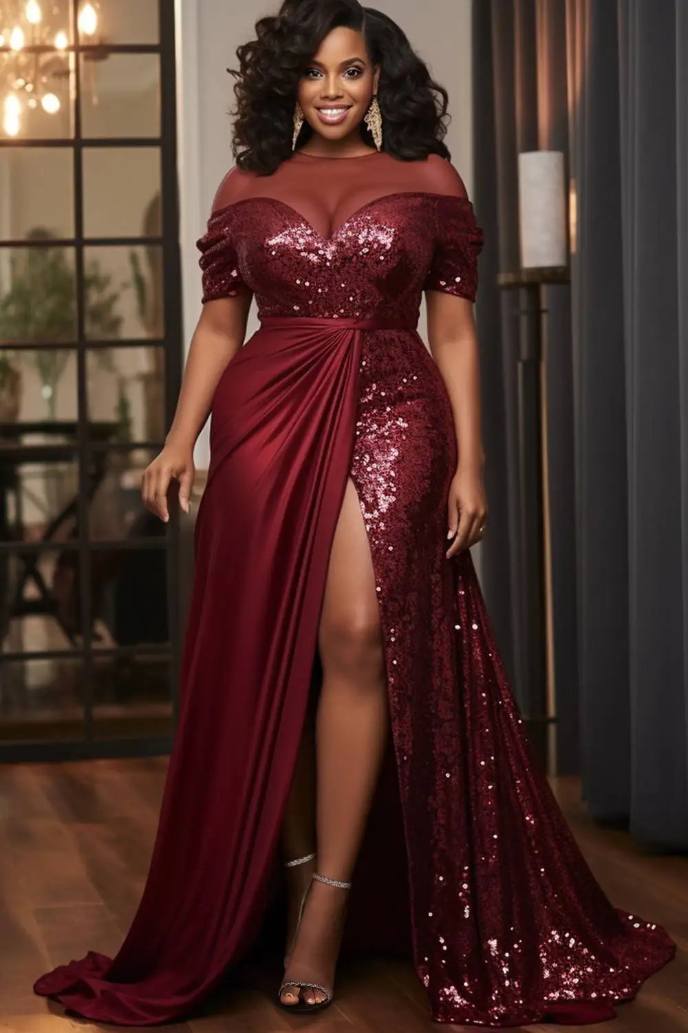 

Plus Size Formal Satin Burgundy Round Neck Short Sleeve Contrast See Through Sequin Maxi Dresses