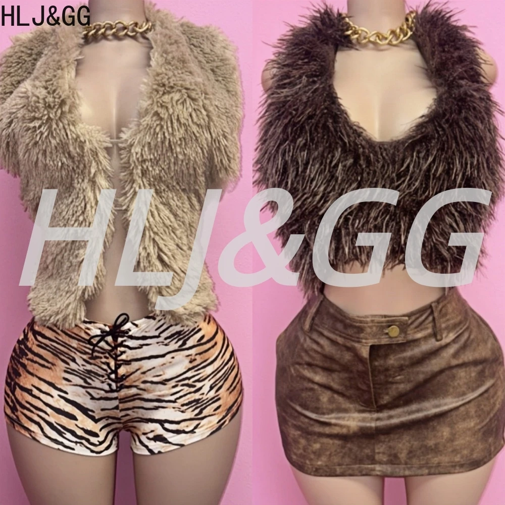 HLJ & GG сексуальный меховой Холтер с открытой спиной комплект из двух предметов женский укороченный топ без рукавов + тигровые бандажные шорты наряды модная уличная одежда