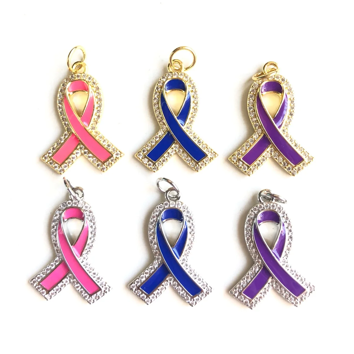 5pcs Enamel Pink Purple Blue Ribbon Micro Pave Charms for Women Bracelet Necklace Making Gold-Plated Jewelry Accessory Wholesale