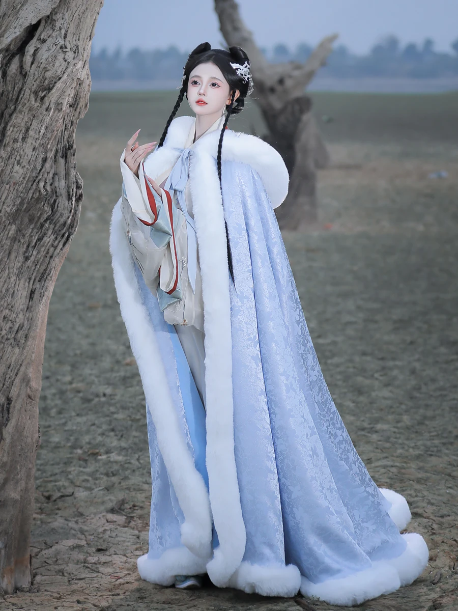 Capa de lã estilo chinês longo antigo xale quente capa de inverno Hanfu para mulheres