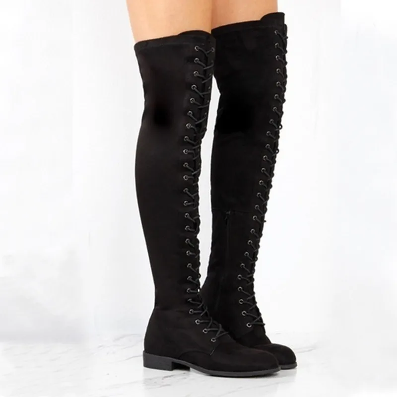 2022 Women Over The Knee Boots Sexy Fashion Lace-Up Winter Warm Knight Thigh Tall Boots Solid Color Ladies Over The Knee Botas