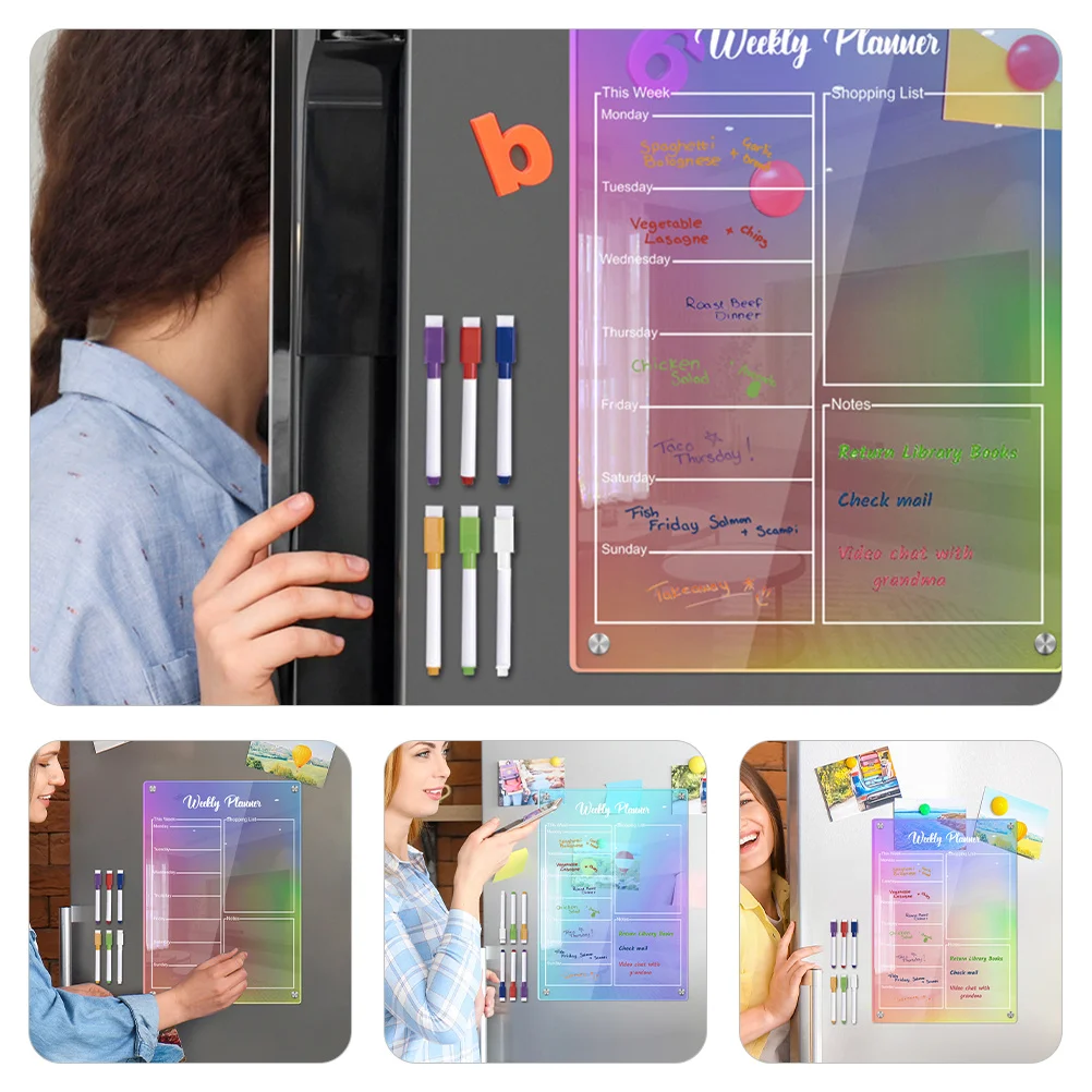 مجموعة واحدة من لوح المسح الجاف المغناطيسي من الأكريليك مخطط أسبوعي للثلاجة وقابل لإعادة الاستخدام للقيام بقائمة الملاحظات ومنظم تقويم تذكير المطبخ #4