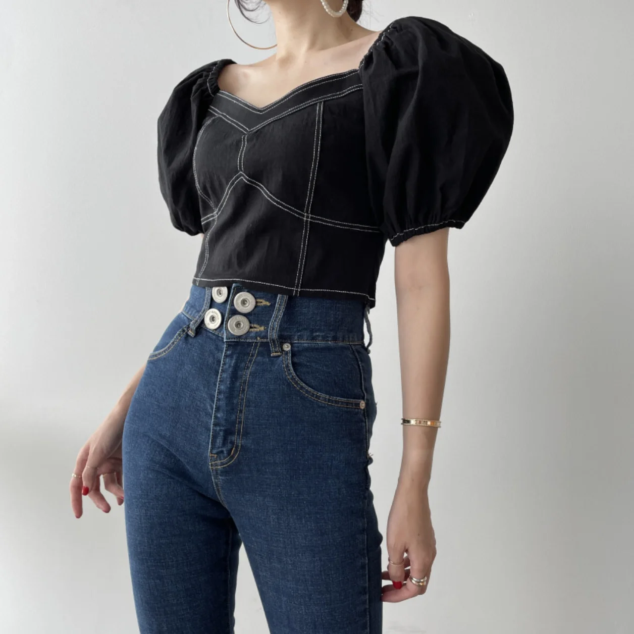 

Retro Square Collar Short Sleeve Bubble Sleeve Shirt Women's Fashion Design Spring Summer New Arrival Korean Style Top