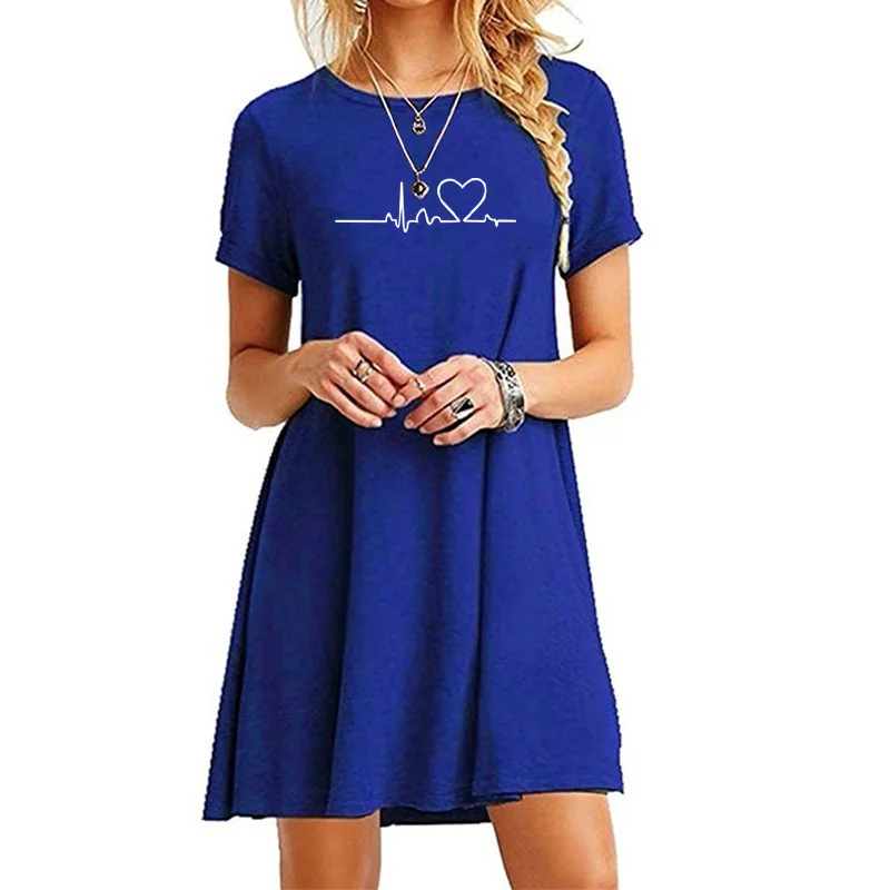 Summer Women O Neck Short Sleeve Solid Color Mini Dress Print Beach Casual Loose Dress 2024 NEW Womens Clothes