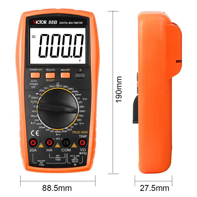 Victor 88B Digital Multimeter Ture RMS 2000 Counts LCD Tester New Capacitance Resistance Manual Range with Temperature Frequency