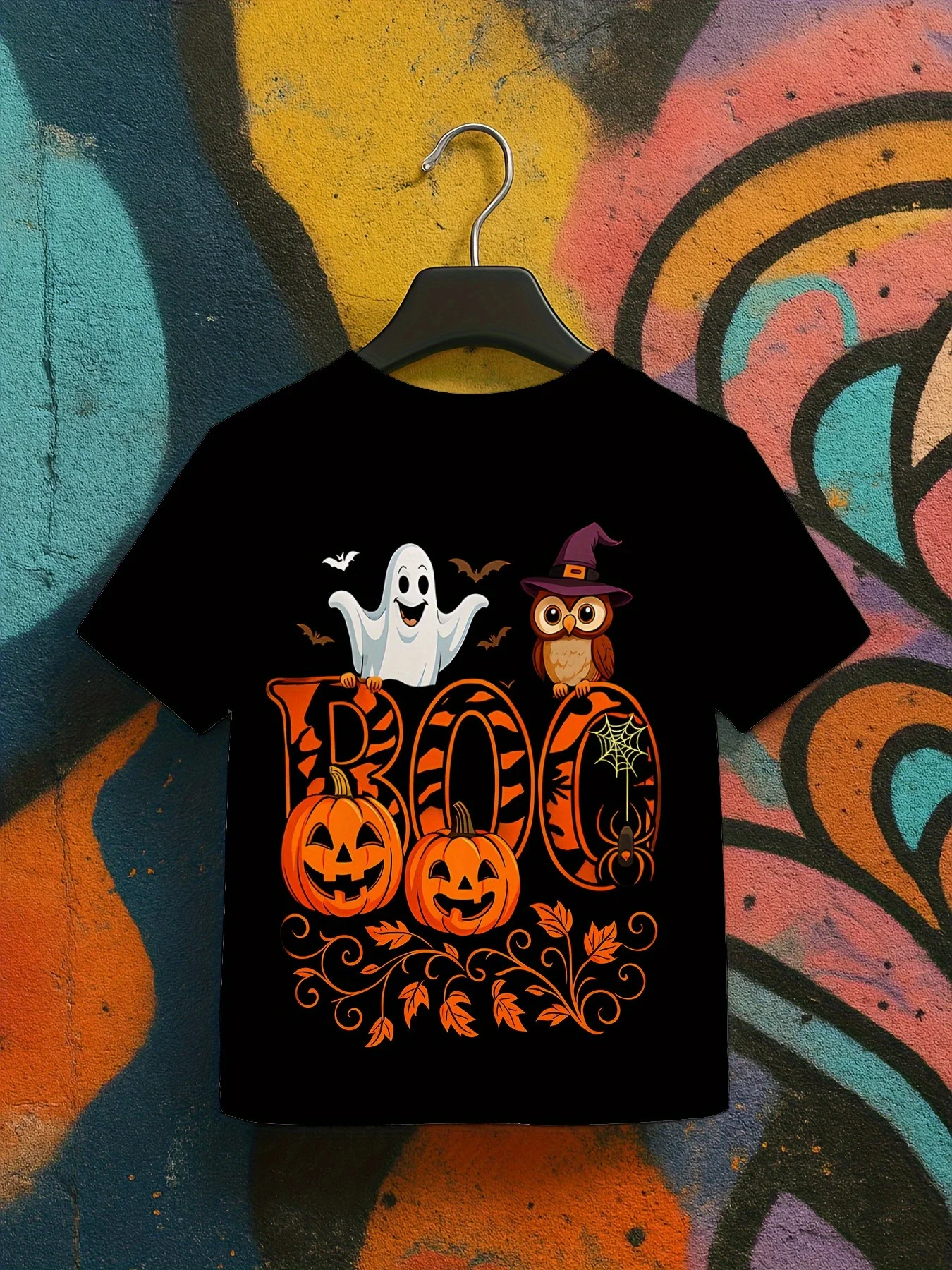 تي شيرت ممتع للهالوين للأولاد - "BOO!" مطبوعات الشبح/القرع/البومة، بوليستر مريح، للهالوين والخدعة أو المعالجة