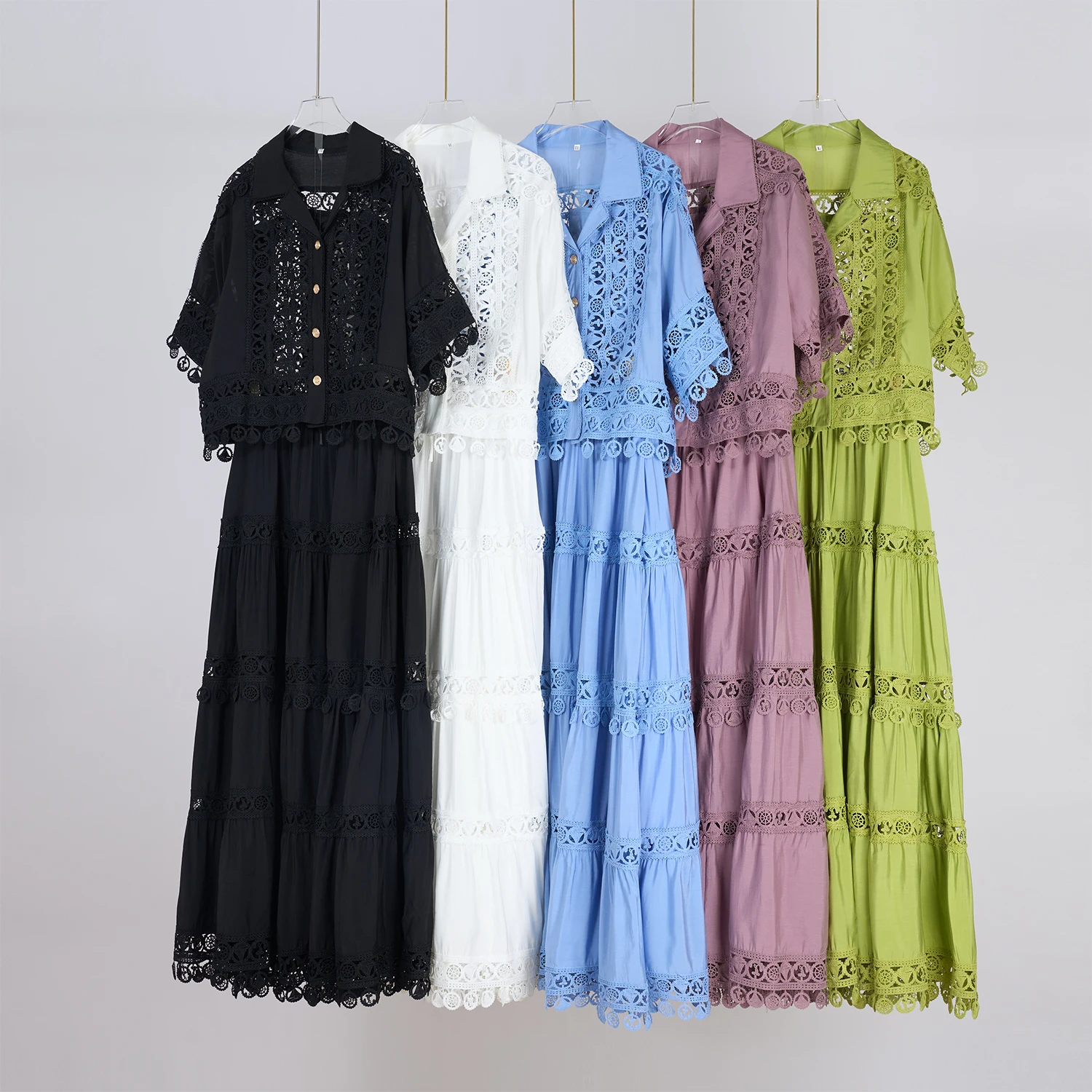 Luxury Hollow Out Long Dresses Two Piece Set Women\'s 2025 Summer Holiday Embroidery Lace Crop Tops Maxi Skirts Suits Jackets