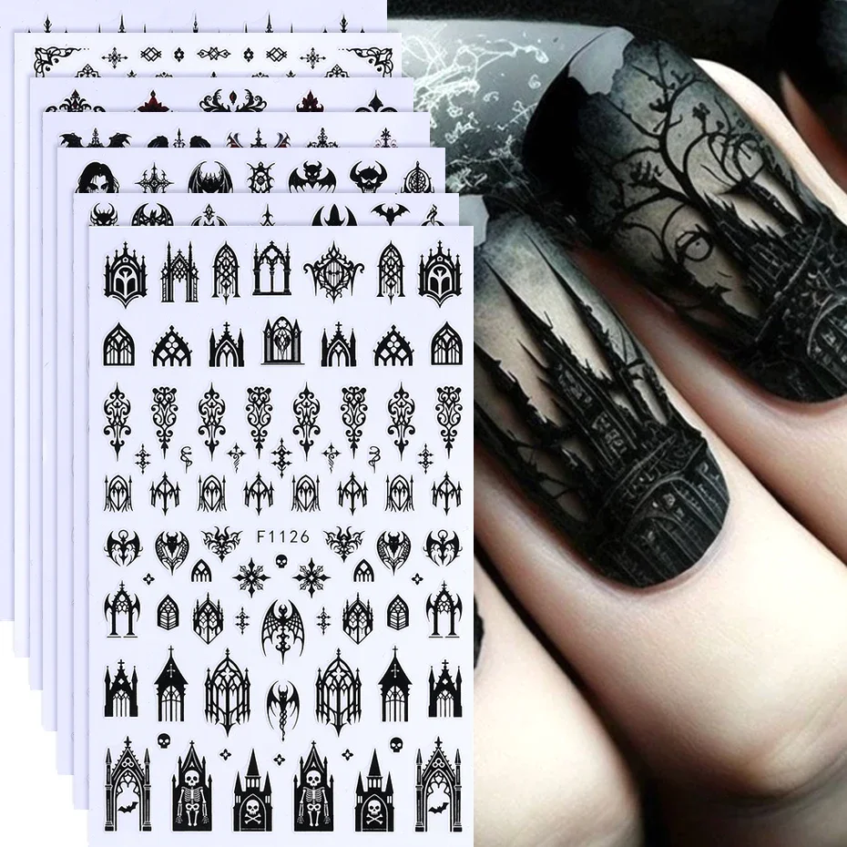 

7/8pcs 3D Gothic Black Halloween Nail Stickers Cool Design Alphabet Letter Lace Castle Skull Y2K Manicure Decoration Accessories