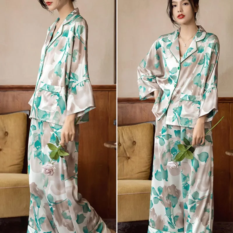 Women's New Arrival Silk-Feel Ice-Silk Lightweight Long-Sleeve Pajama Set Two-Piece Comfortable Homewear Suit