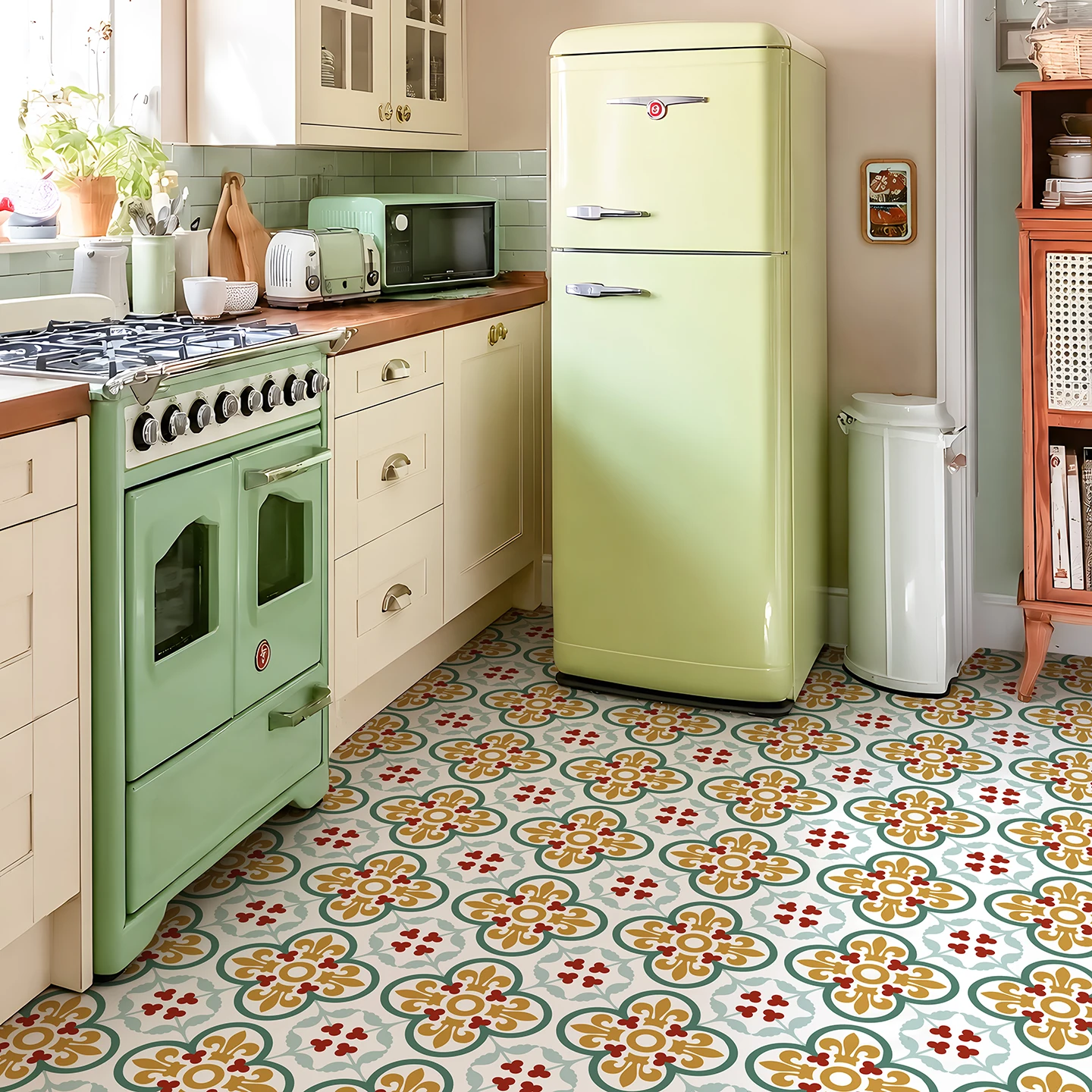 Mediterranean Floral Tile Decals, Colorful Peel and Stick Floor Covering for Kitchen, Bathroom, Entryway and Rental Home Decor