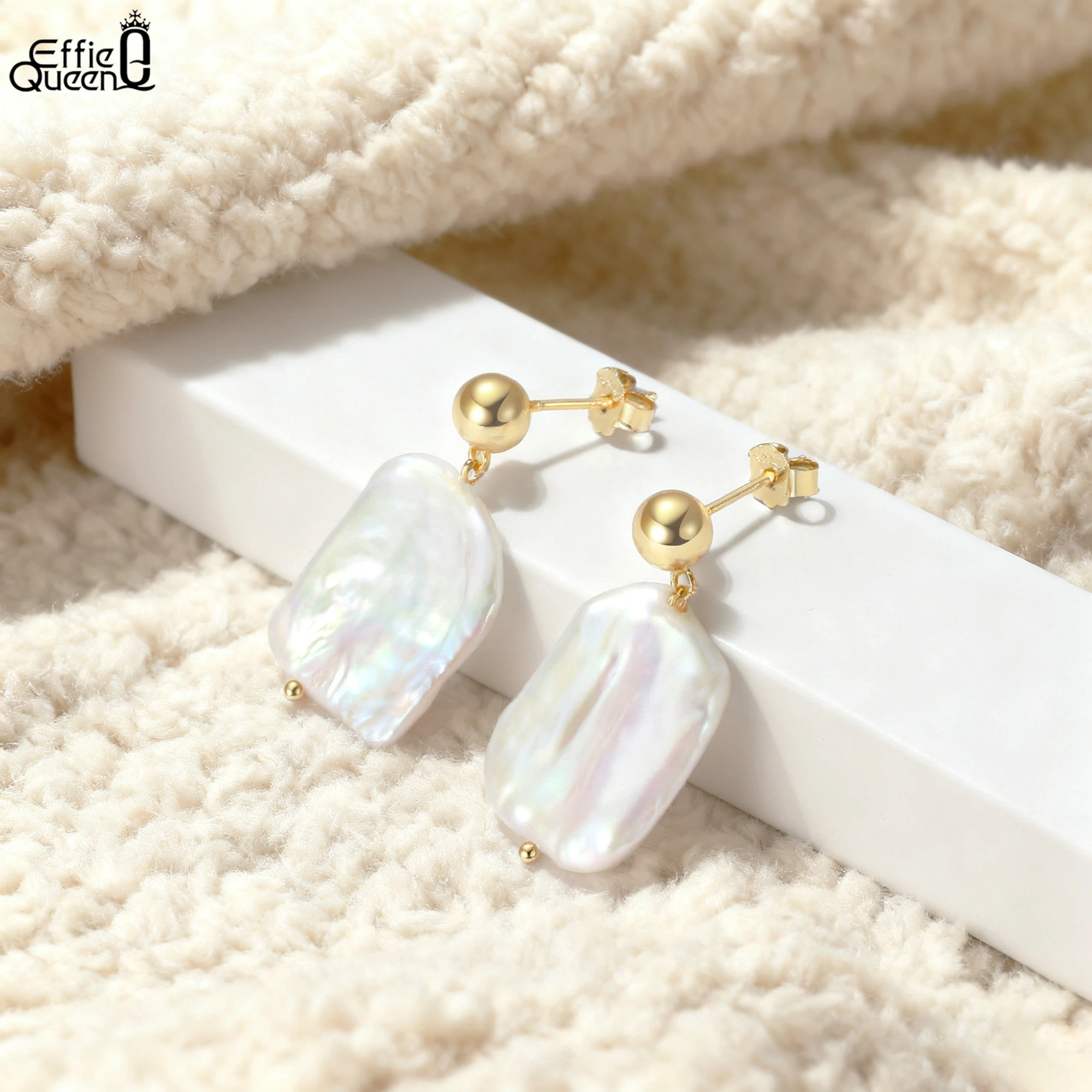 

Effie Queen 925 Pure Silver 14k Gold Baroque Freshwater Pearl Stud Earrings Exquisite Jewelry for Women Banquet Party Gift GPE06