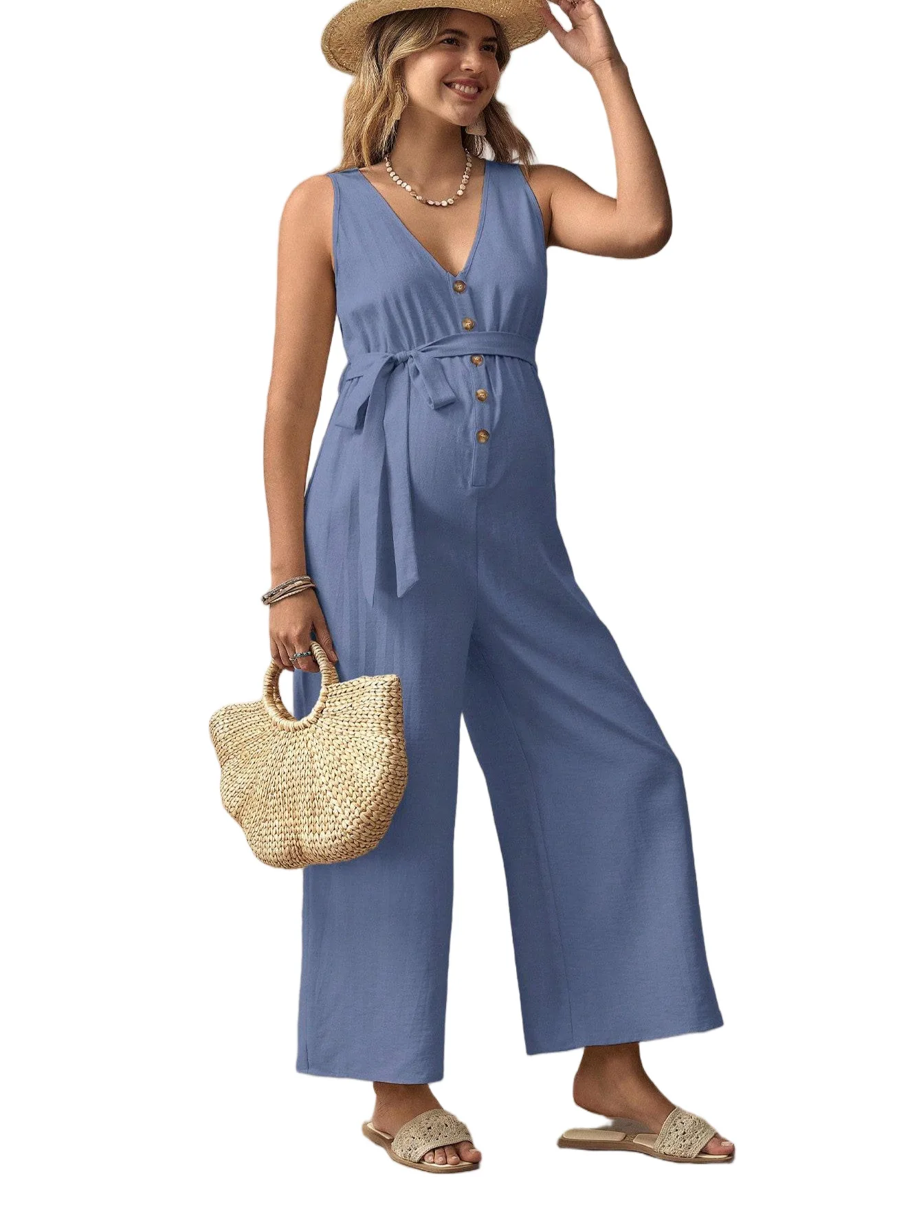 ملابس حمل الحمالة بانت بنطلون فضفاض عادية النساء الحوامل أكمام الخامس الرقبة السروال القصير بذلة طويلة ملابس الحمل