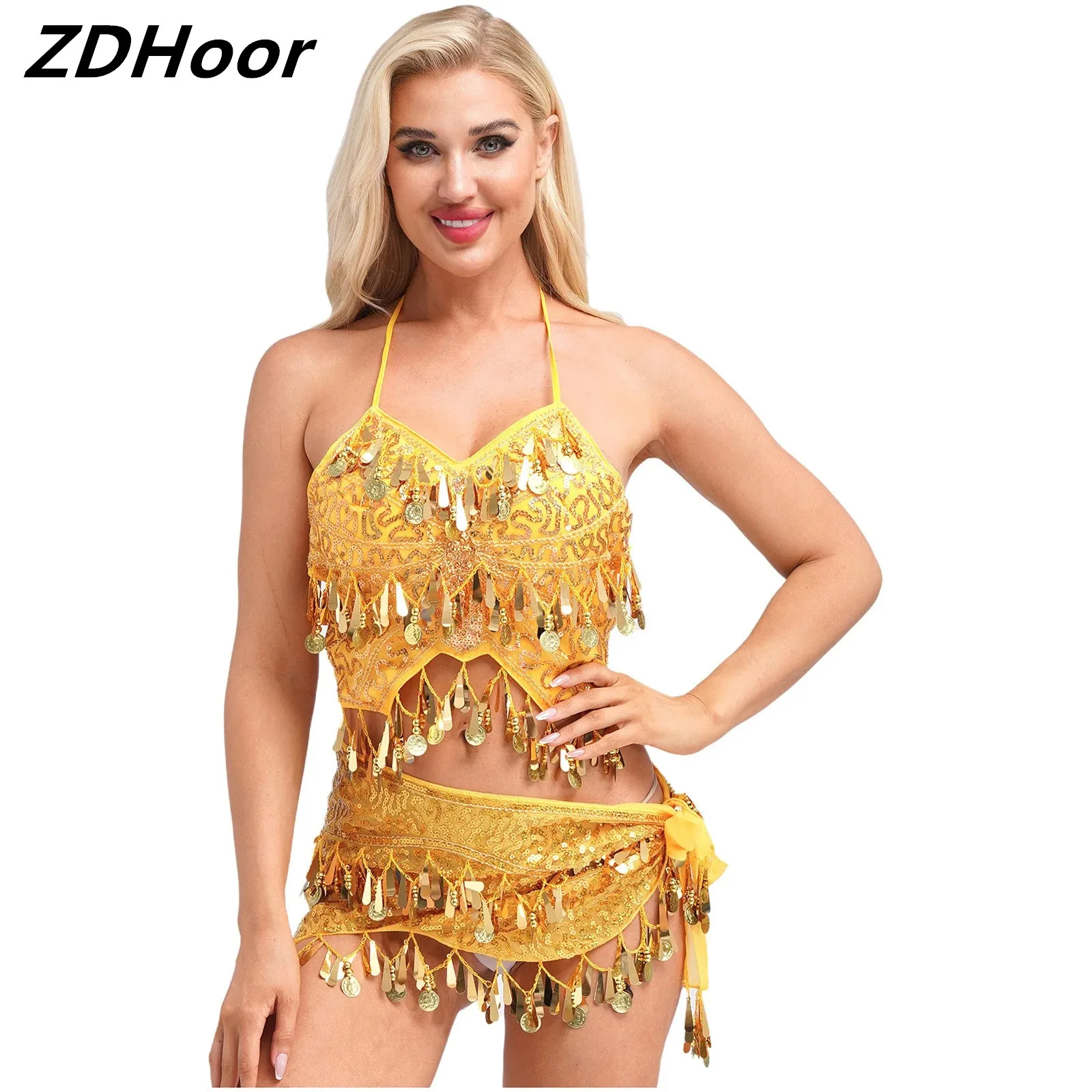 

Womens Sequins Belly Dance Outfit Irregular Camisole Crop Top with Plastic Beads Tassels Waist Chain Hip Scarf Dancewear