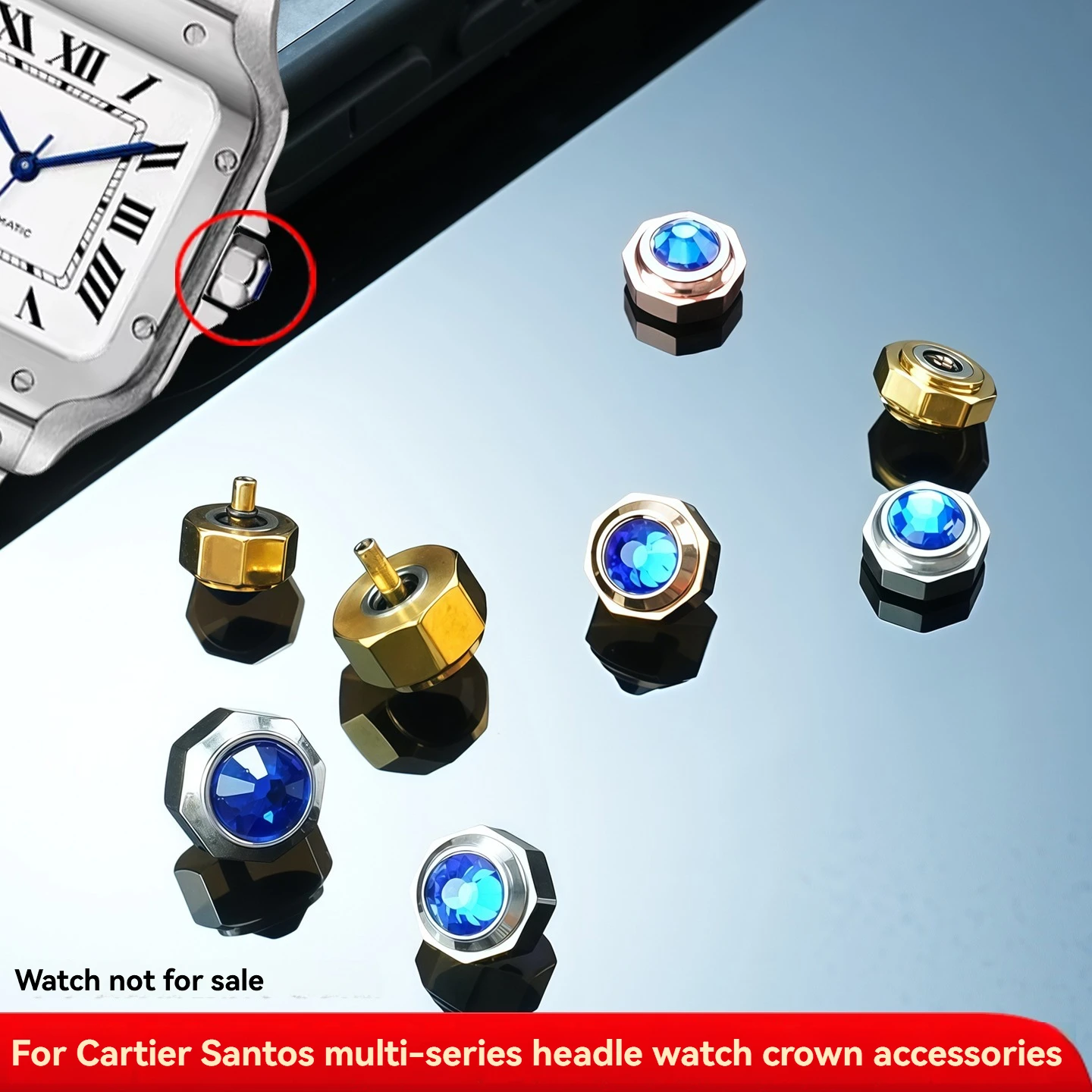 For Cartier Santos Multiple Series, Solid Stainless Steel Crown Replacement, Winding Crown for Watch Repair Parts