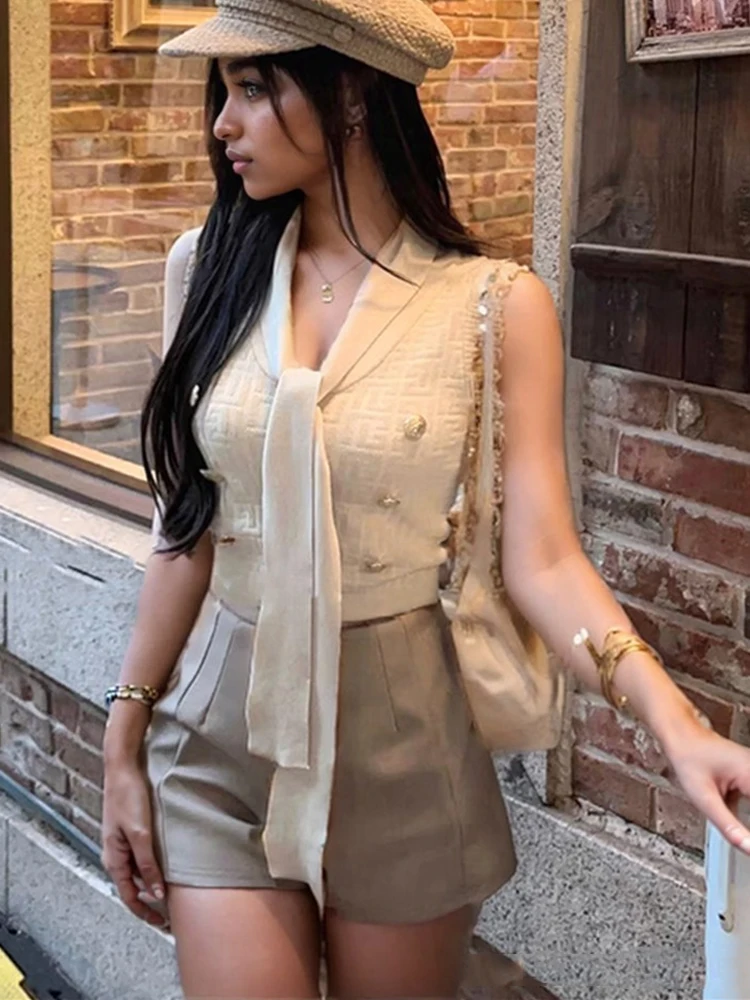 

Fashion Sleeveless V Neck Bow Lace-up Women Shirt Vests New Elegant Knitted Short Sweater Buttons Tops Office Lady Slim Clothes