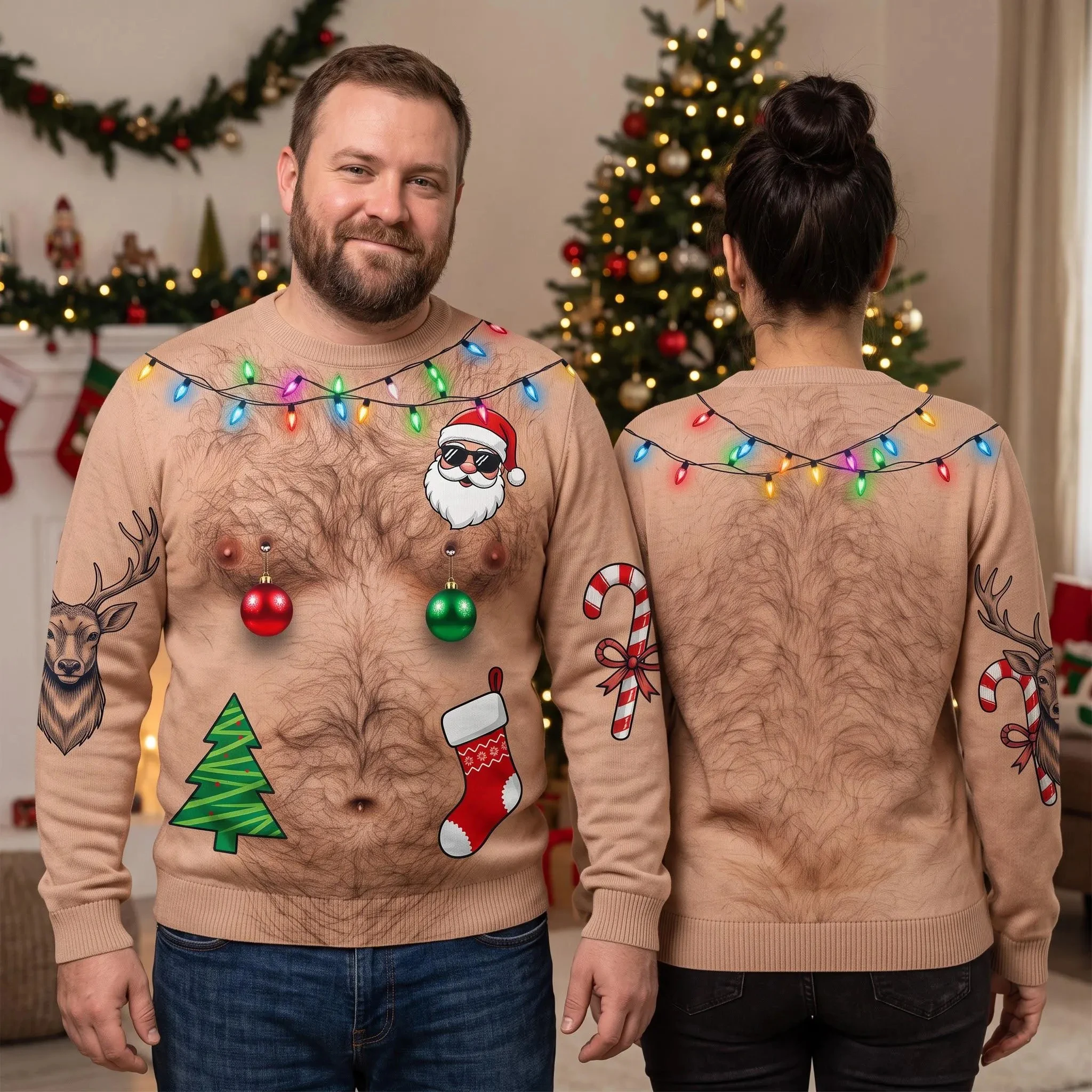 Ugly Christmas Sweater Funny Fake Chest Hair 3D Printed Sweatshirt Kids Adults Santa Xmas Ornament Long Sleeve Holiday Pullover