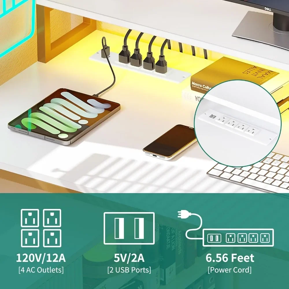 Mesa em forma de L com saídas elétricas, luzes LED, armário de arquivos, mesa grande do computador, canto, branco e dourado, 55 polegadas