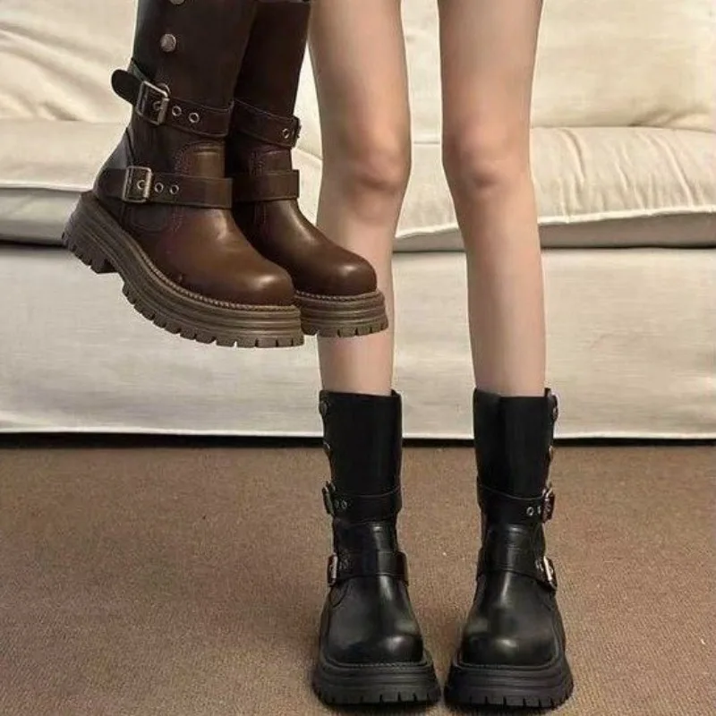 Women Platform Multi Buckle Mid Calf , Vintage Distressed Strap Moto Boots Heighten Western Ankle Boots