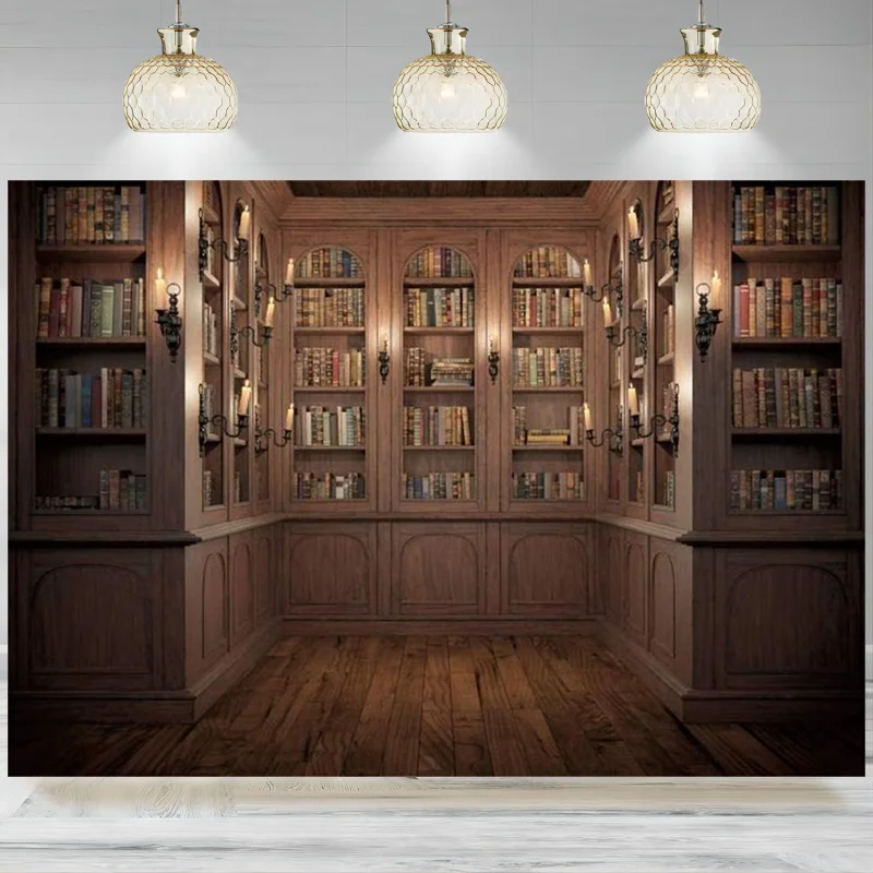 Vintage Wood Bookshelf Backdrop Bookcase School Library Study Room Photography Background Conference Party Banner