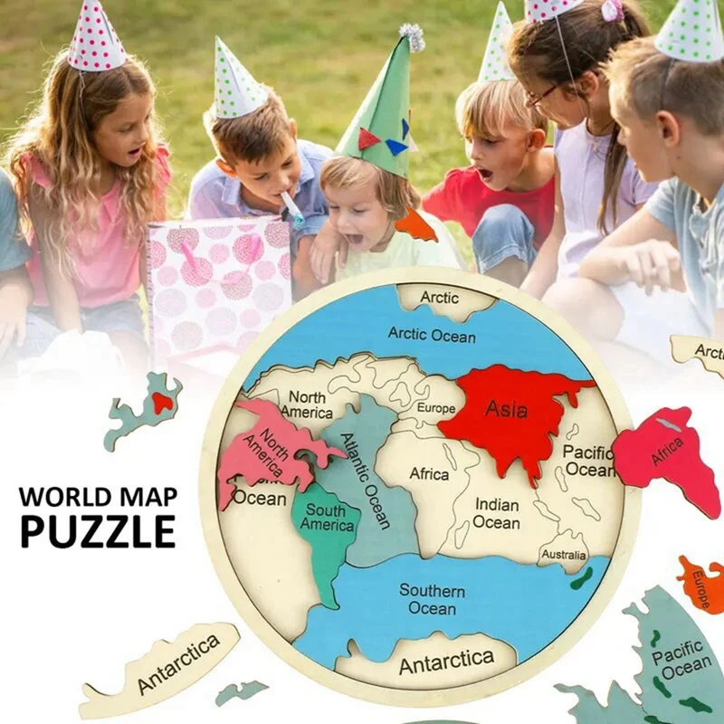 Montessori Wooden World Map Puzzle For Kids 3-6 Interactive Geography Learning Toy With Continents Oceans Wooden Jigsaw