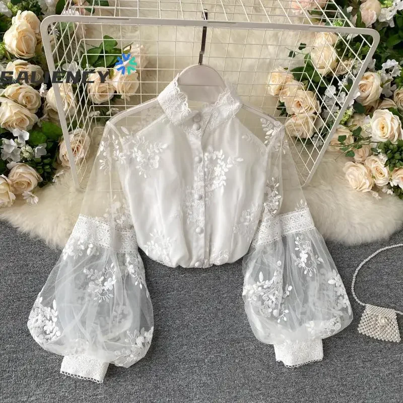 SALIENCY Three-Dimensional Embroidery Blouse for Women French Vintage Mesh Lace Puff Sleeve Fairy Shirt Top Autumn