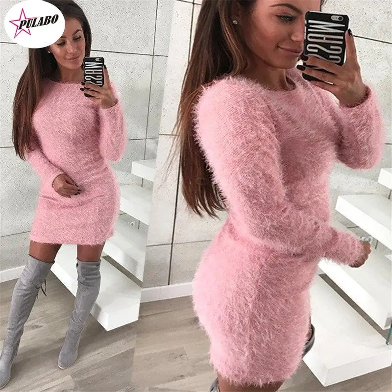 

PULABO Women Fleece Sweater Dress Autumn Winter Turtleneck Long Sleeve Pullover Party Vestidos Female Dresses Female