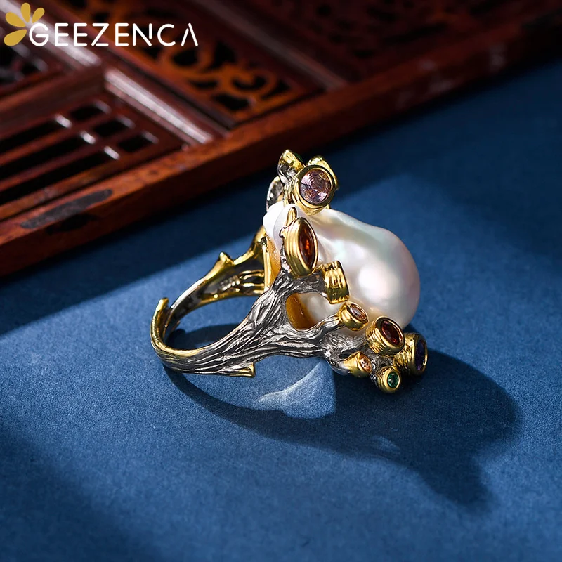 Geezlenca anello da donna in argento 925 con zirconi colorati di perle barocche di lusso Vintage splendido anello da Cocktail irregolare insolito