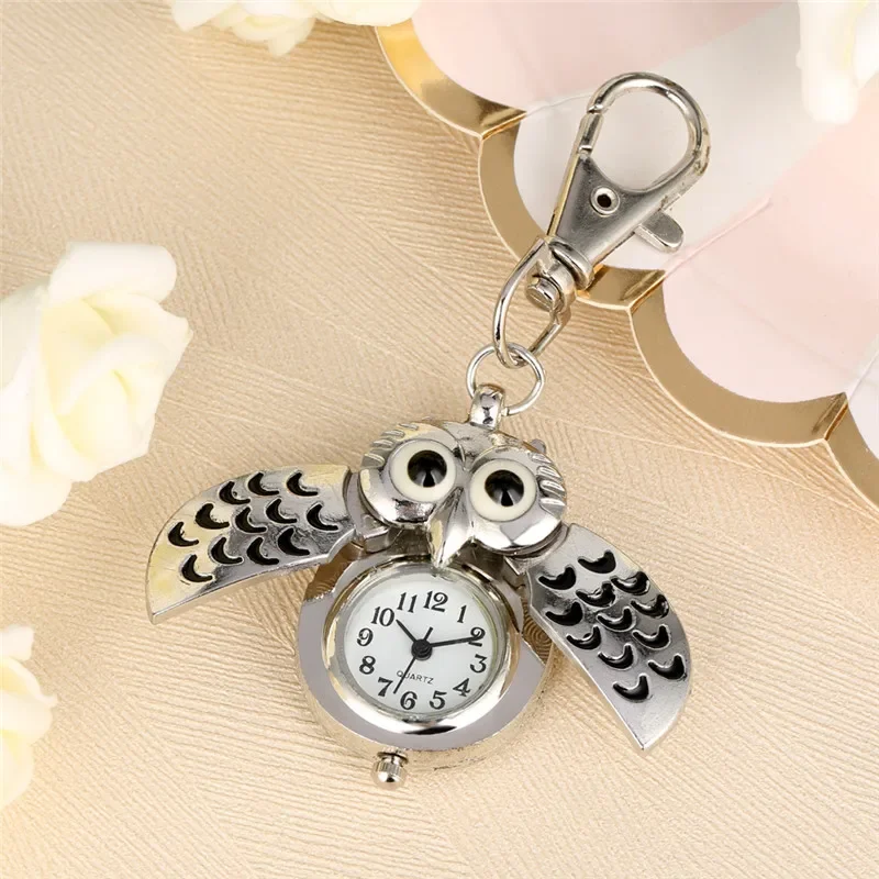 Lovely Owl Shape Watch Men Women Retro Quartz Analog Pocket Watches with Pendant Key Ring Arabic Numeral Clock Gift Decoration