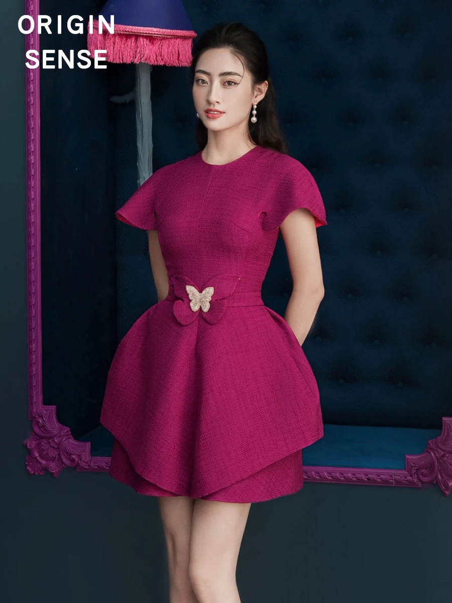 

Красное пышное платье-миди с завязками, женское, с высокой талией, А-силуэт, для офиса, с коротким рукавом и круглым вырезом