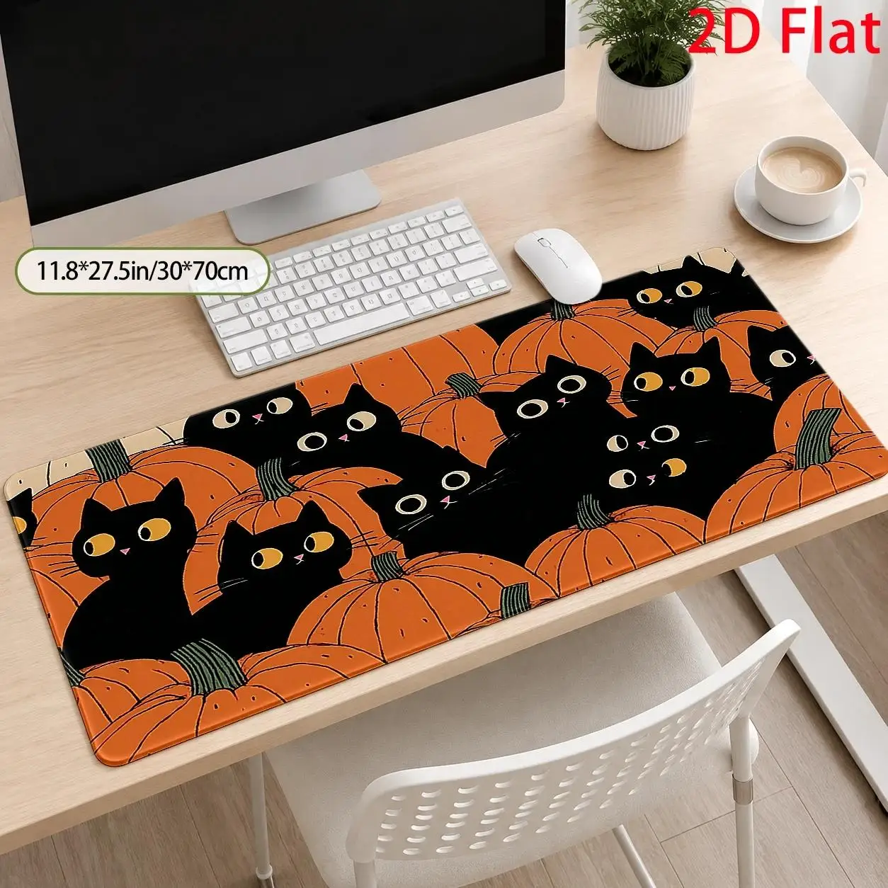Large Spooky Halloween Black Cat & Pumpkins Desk - Stain-Resistant Suitable for Office, Gaming Room, Dorm - Machine Washable Suitable for Laptop, Keyboard