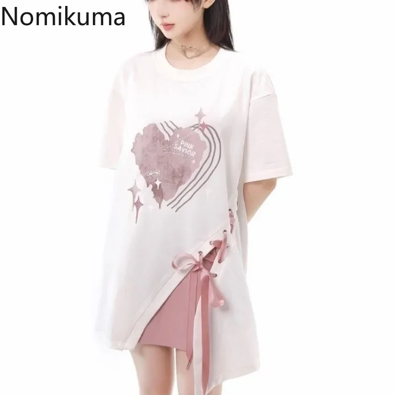 Japanese Woman Tshirts 2023 Ropa Mujer Patchwork Print Bandage Y2k T Shirts Fashion Summer Tees Oversized Tops Sweet T-shirts