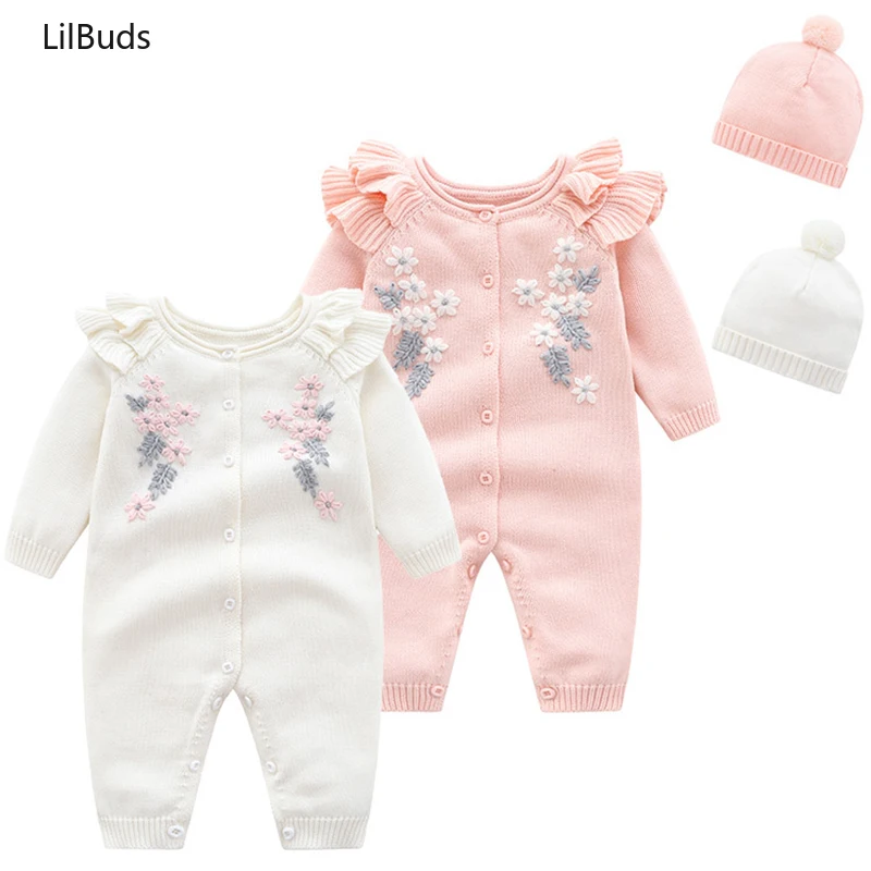 

2024New Toddler Infant Jumpsuit Baby Girl Knitting Romper+Hat Floral Embroidery Long Sleeve Romper Outfit Autumn Spring Sweaters