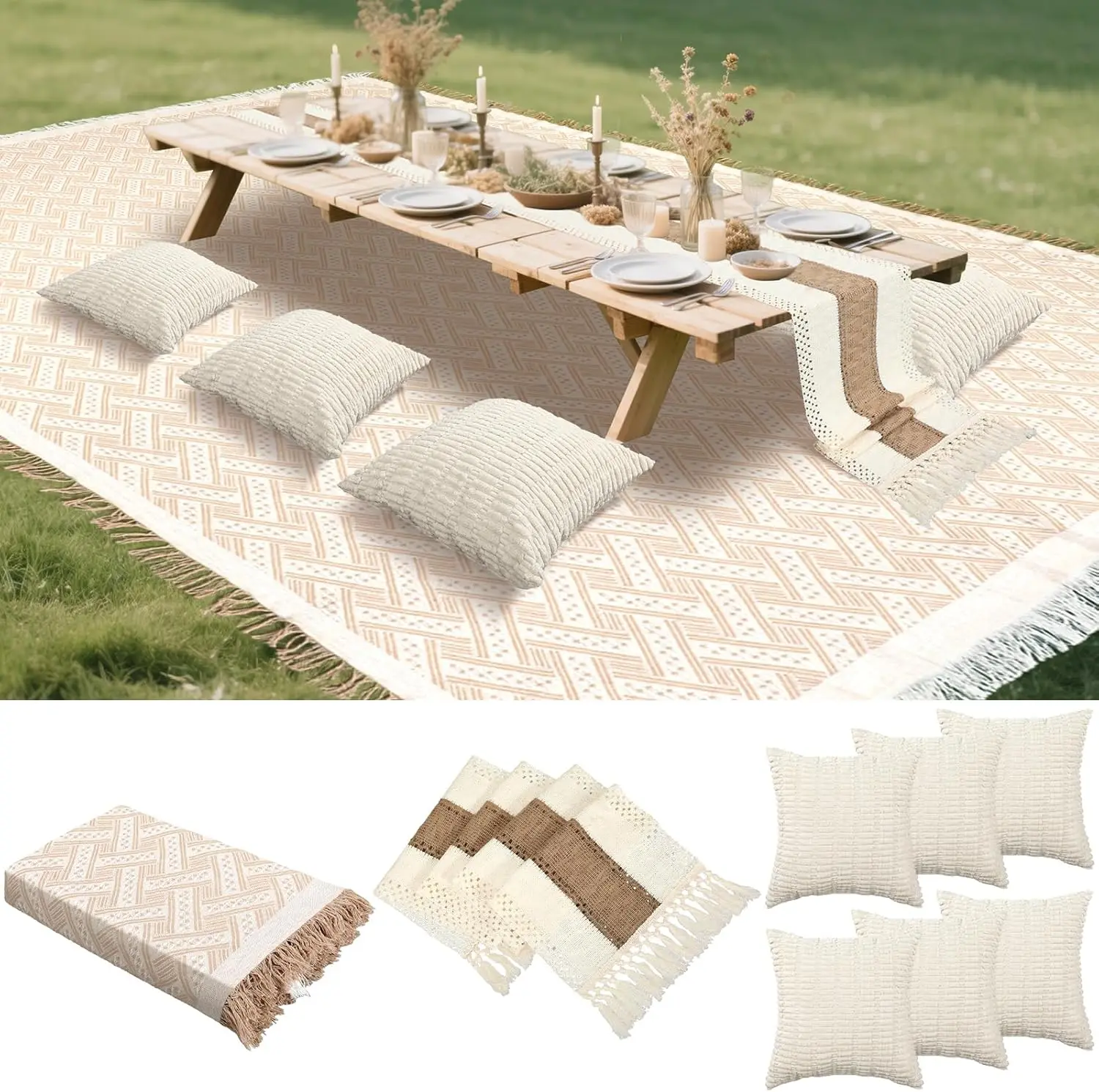 

Extra Large Boho Picnic Blanket 91'' x 71'' Beige White Washable Outdoor Beach Blanket for Picnic Camp Wedding